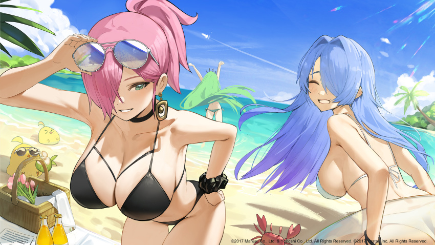 3girls adjusting_eyewear alternate_costume azur_lane bangs bare_shoulders beach beach_mat bikini bird black_bikini black_choker black_scrunchie blue_hair blue_sky bottle breasts chick choker cleavage closed_eyes cloud collarbone commentary_request cowboy_shot crab day drinking earrings eyewear_on_head floating_hair green_eyes green_hair grin hair_intakes hair_over_one_eye hand_on_hip highres jewelry large_breasts leaning_forward littorio_(azur_lane) long_hair looking_at_viewer manjuu_(azur_lane) midriff mole multiple_girls ocean official_art outdoors parted_lips picnic_basket pink_hair ponytail romana scrunchie shadow sidelocks sky smile standing sunglasses swimsuit teeth trento_(azur_lane) trieste_(azur_lane) white_bikini wrist_scrunchie