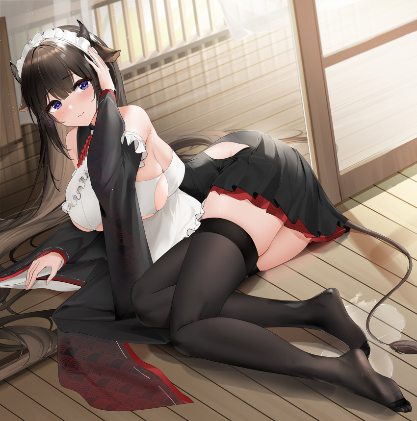 1girl animal_ears apron azur_lane bare_shoulders black_skirt black_sleeves black_thighhighs breasts brown_hair commentary_request cow_ears cow_girl cow_horns cow_tail detached_sleeves dutch_angle feet frilled_apron frilled_hairband frilled_shirt frilled_skirt frills hairband hand_on_own_head highres horns indoors kashino_(azur_lane) kashino_(maid_for_mayhem)_(azur_lane) large_breasts layered_skirt leaning_to_the_side legs long_hair long_sleeves looking_at_viewer maid maid_apron maid_headdress no_shoes official_alternate_costume on_floor purple_eyes qing_wu ribbon_trim shirt sitting skindentation skirt sleeveless sleeveless_shirt solo spill tail thighhighs thighs two-tone_skirt white_apron white_hairband white_shirt wooden_floor