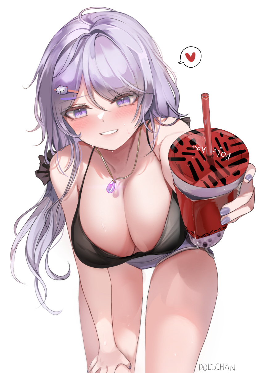 1girl absurdres artist_name bangs bare_arms black_shirt blush breasts cat_hair_ornament cleavage cowboy_shot cup disposable_cup dolechan drink hair_between_eyes hair_ornament hairclip hand_on_own_thigh heart highres holding holding_drink jewelry large_breasts leaning_forward long_hair looking_at_viewer nail_polish necklace original parted_lips purple_eyes purple_hair purple_nails shirt sidelocks simple_background sleeveless sleeveless_shirt smile solo spaghetti_strap spoken_heart sweat sweatdrop swept_bangs tank_top thighs white_background