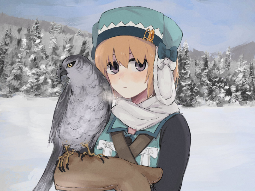 1girl an_sin animal animal_request bangs bird bird_request black_sleeves blue_bow blue_headwear blue_sky blush bow brown_gloves closed_mouth commentary expressionless fur_hat gloves hat highres looking_at_viewer magia_record:_mahou_shoujo_madoka_magica_gaiden magical_girl mahou_shoujo_madoka_magica military military_uniform miura_asahi orange_gemstone orange_hair outdoors purple_eyes scarf short_hair sky snow solo steam_from_mouth symbol-only_commentary uniform ushanka white_bow white_scarf winter