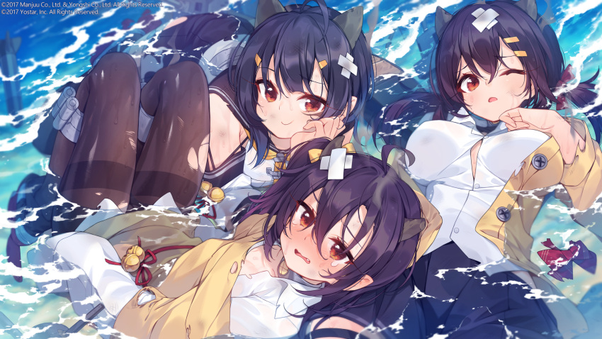 3girls abukuma_(azur_lane) afloat ahoge azur_lane bangs bell black_hair black_pants blush bow breasts brown_eyes brown_hair button_gap cardigan closed_mouth commentary_request crossed_bandaids fang hair_between_eyes hair_ornament hair_ribbon hairclip highres horns isuzu_(azur_lane) jingle_bell large_breasts long_hair long_sleeves looking_at_viewer low_twintails multiple_girls nagara_(azur_lane) nose_blush ocean official_art one_eye_closed oni_horns open_mouth oversized_clothes pants pantyhose pleated_skirt pointy_ears red_bow red_eyes ribbon rigging shirt short_hair side_ponytail sidelocks skirt sleeves_past_wrists smile smoke takotsu tears thighband_pantyhose torn_clothes torn_shirt twintails white_shirt yellow_bow yellow_cardigan