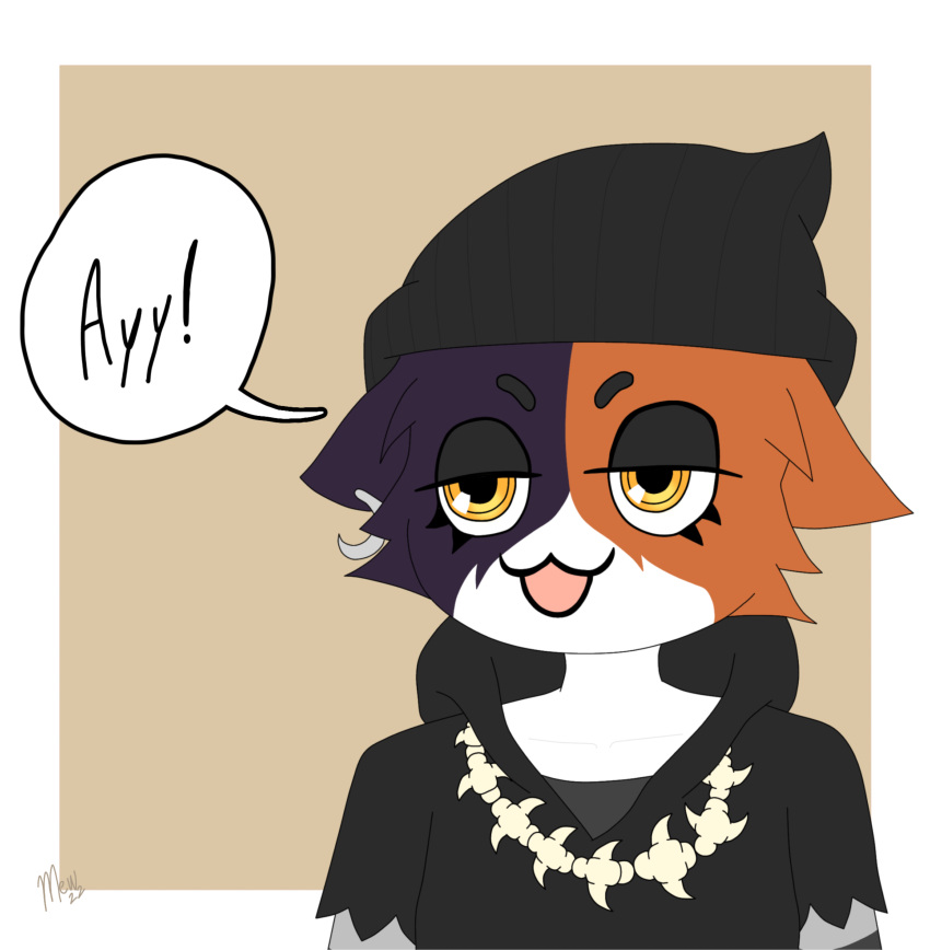 absurd_res anthro beanie black_clothing black_hoodie black_topwear bone bust_portrait calico_cat cat_smile clothing dark_body dark_fur dialogue domestic_cat ear_piercing epic_games eyebrows felid feline felis female fortnite fur hat headgear headwear hi_res hoodie long_sleeve_shirt looking_away mammal meow_skulls_(fortnite) mew_arts mottled multicolored_body multicolored_fur open_mouth orange_body orange_fur piebald piercing portrait signature simple_background solo tagme thick_eyebrows topwear video_games white_body white_fur