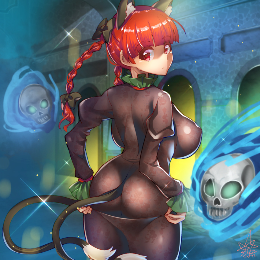 1girl animal_ears ass bangs blue_fire blunt_bangs bow braid breasts cat_ears cat_tail dress fire hair_bow highres kaenbyou_rin long_hair long_sleeves looking_back multiple_tails nekomata red_eyes red_hair skull solo sparkle tail touhou twin_braids two_tails umigarasu_(kitsune1963)