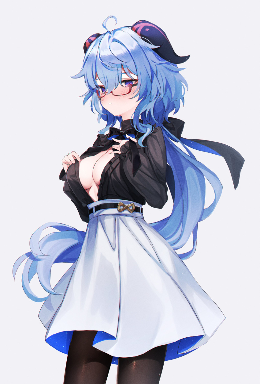 1girl absurdres ahoge bangs blue_hair blush breasts cleavage ganyu_(genshin_impact) genshin_impact glasses highres horns large_breasts long_hair looking_at_viewer purple_eyes shouu-kun sidelocks solo