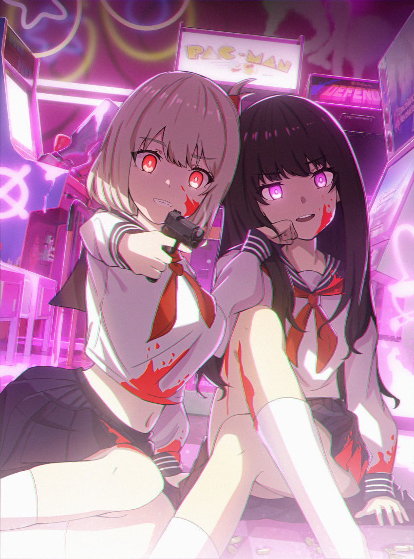 2girls absurdres alternate_costume arcade arcade_cabinet bangs black_hair black_skirt blonde_hair blood blood_on_clothes blood_on_face blue_sailor_collar breasts bright_pupils commentary_request crossed_legs dress edgar_syu grin gun hair_ribbon hand_on_own_face handgun highres holding holding_gun holding_weapon indoors inoue_takina long_hair long_sleeves looking_at_viewer lycoris_recoil midriff multiple_girls navel neckerchief nishikigi_chisato on_floor open_mouth pac-man_(game) pleated_dress pleated_skirt purple_eyes red_eyes red_neckerchief red_ribbon ribbon sailor_collar school_uniform serafuku shell_casing shirt short_hair sitting skirt smile smoke smoking_gun socks teeth upper_teeth weapon white_pupils white_shirt white_socks