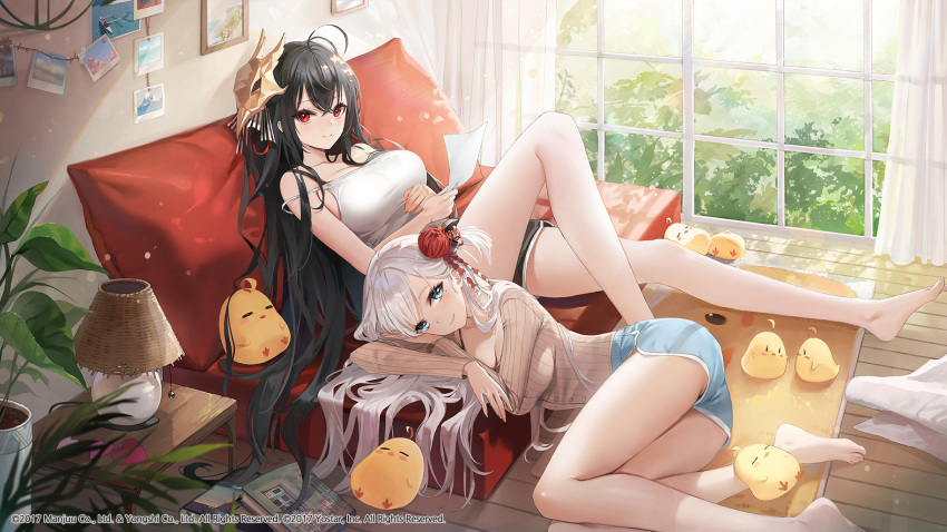 2girls ahoge ass azur_lane bare_shoulders barefoot bird bird_mask black_hair black_shorts blue_eyes blue_shorts breasts brown_sweater camisole chick couch dolphin_shorts emyo flower hair_ornament highres indoors kanzashi knee_up large_breasts long_sleeves lying manjuu_(azur_lane) mask mask_on_head multiple_girls official_art on_back on_side reclining red_eyes ribbed_sweater shirt short_shorts shorts shoukaku_(azur_lane) sleeveless sleeveless_shirt smile spaghetti_strap spider_lily strap_slip sweater taihou_(azur_lane) taut_clothes taut_shirt thighs white_hair white_shirt