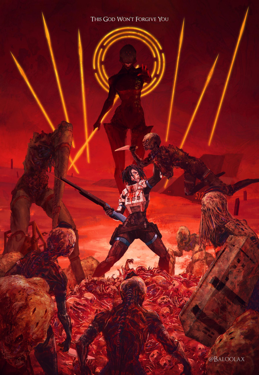 1girl absurdres adler_(signalis) armor baloolax black_hair blood blood_on_clothes blood_on_face breastplate commentary corrupted_ara_(signalis) corrupted_eule_(signalis) corrupted_storch_(signalis) doom_(series) doom_cover_parody elster_(signalis) english_commentary english_text falke_(signalis) finger_on_trigger gun guro hair_over_one_eye highres holding holding_gun holding_knife holding_weapon knife laser_sight official_alternate_costume one_man_army pale_skin parody red_theme rifle rip_and_tear_(phrase) short_hair signalis solo_focus surrounded variant_set weapon zombie