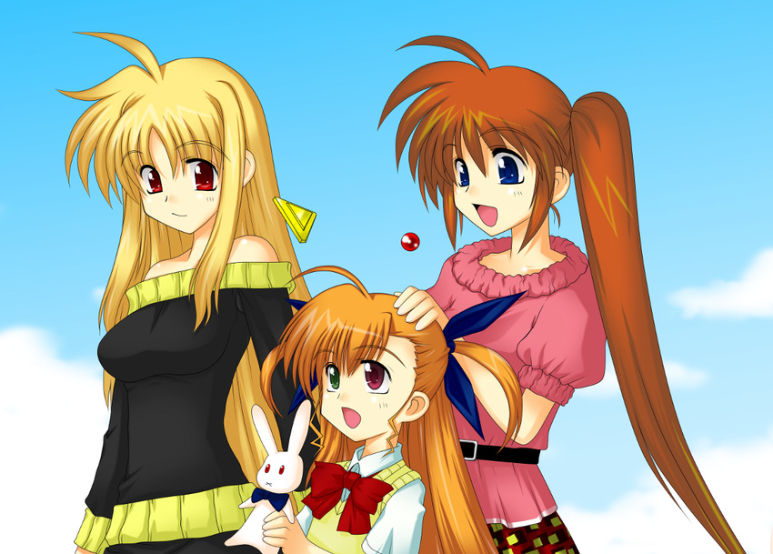 bardiche bare_shoulders blonde_hair blue_eyes brown_hair casual child family fate_testarossa hair_ribbon heterochromia long_hair lyrical_nanoha mahou_shoujo_lyrical_nanoha_vivid multiple_girls older open_mouth petting raising_heart red_eyes ribbon sacred_heart school_uniform side_ponytail smile st._hilde_academy_of_magic_uniform sweater_vest takamachi_nanoha vivio zeroero1