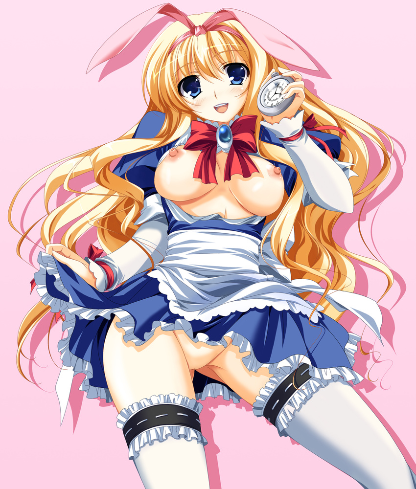 alice_(wonderland) alice_in_wonderland apron blonde_hair blue_eyes blush breasts clock garters highres large_breasts long_hair nipples open_clothes open_mouth pussy sakuragi_hiroyuki skirt skirt_lift solo thighhighs white_legwear