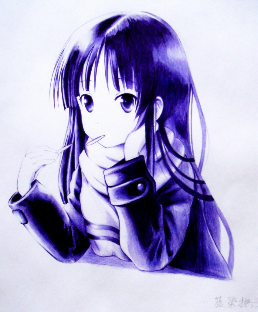absurdres akiyama_mio arm_support highres k-on! long_hair monochrome mouth_hold scarf solo winter_clothes