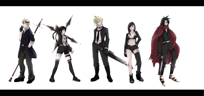 2girls 3boys belt black_hair blonde_hair blue_eyes boots breasts brown_eyes brown_hair buster_sword cape cid_highwind cigarette cleavage cloud_strife dress_shirt earrings female final_fantasy final_fantasy_vii footwear formal gloves goggles gun headband highres jacket jewelry long_hair ma_(pixiv2179783) male midriff multiple_boys multiple_girls necktie pants polearm red_eyes shirt short_hair shorts shuriken socks spear sunglasses sword thighhighs tifa_lockhart vincent_valentine weapon white_shirt yuffie_kisaragi