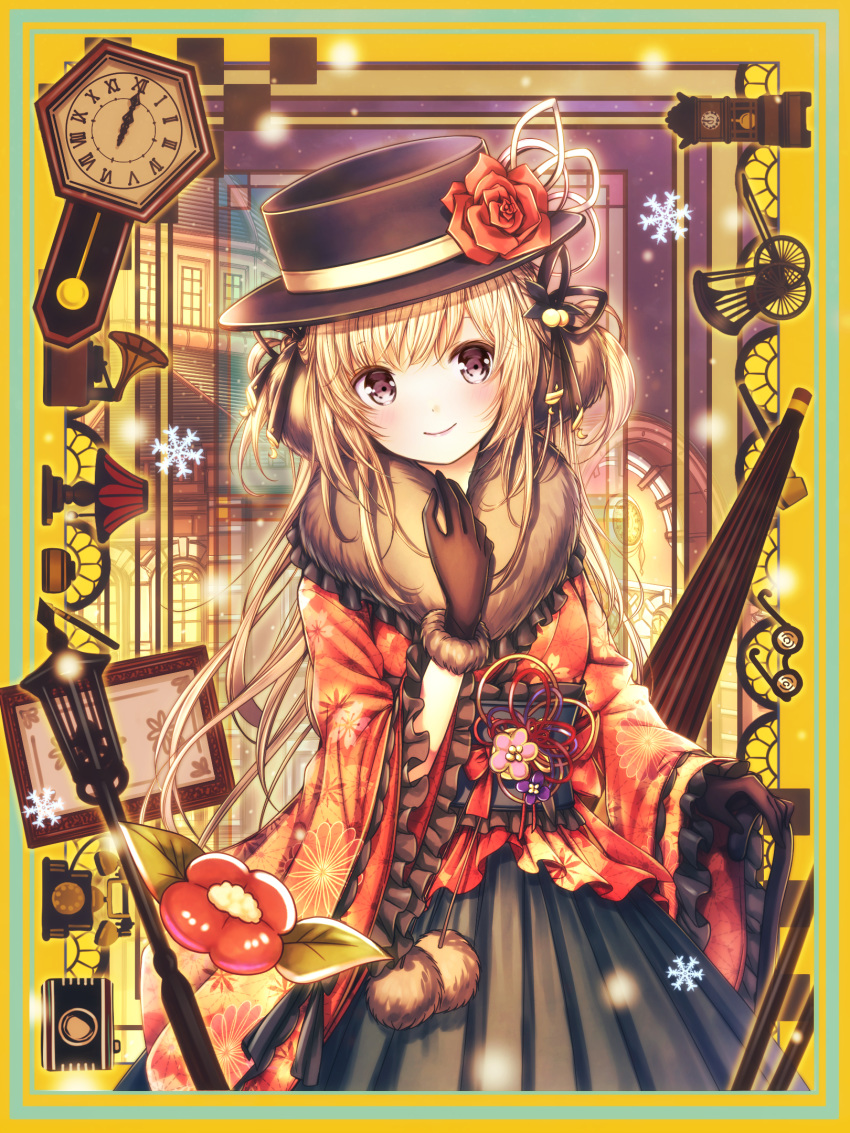 1girl black_hat black_skirt blonde_hair blush border building camera cane catbell clock closed_mouth flower frilled_sleeves frills hat highres japanese_clothes lamp lamppost long_hair looking_at_viewer original phonograph pleated_skirt purple_eyes red_flower red_rose rose skirt smile snowflakes solo two_side_up umbrella very_long_hair wide_sleeves