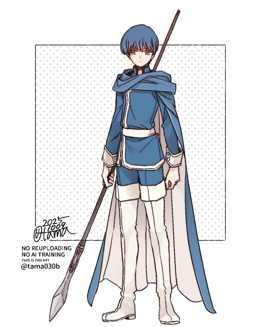 1boy arms_at_sides ben-day_dots blue_cape blue_coat blue_eyes blue_hair blue_pants boots cape closed_mouth coat commentary dated finn_(fire_emblem) fire_emblem fire_emblem:_genealogy_of_the_holy_war full_body highres holding holding_polearm holding_weapon long_sleeves looking_to_the_side male_focus pants polearm sayu030b screentones short_hair signature simple_background solo standing thigh_boots tunic watermark weapon white_background white_boots