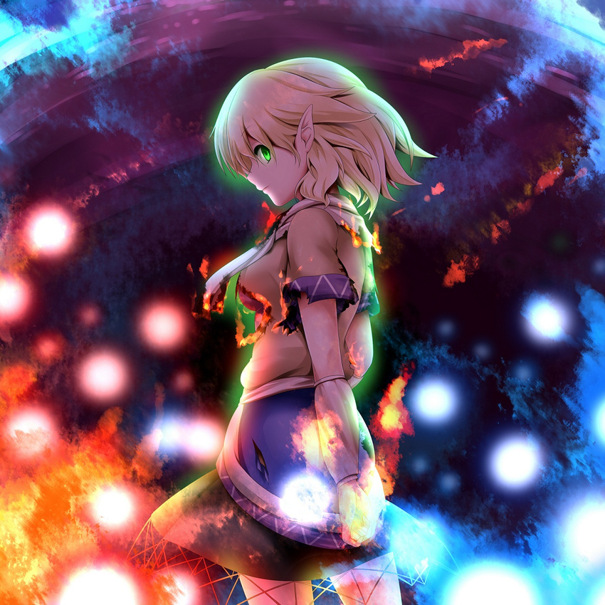 arm_warmers blonde_hair breasts cowboy_shot danmaku fire green_eyes highres medium_breasts miki_purasu mizuhashi_parsee pointy_ears scarf short_hair solo torn_clothes touhou