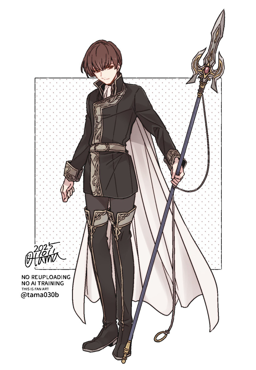 1boy ben-day_dots black_boots black_coat boots brown_eyes brown_hair cape closed_mouth coat commentary_request dated fire_emblem fire_emblem:_genealogy_of_the_holy_war full_body gae_bolg_(fire_emblem) high_collar highres holding holding_polearm holding_weapon long_sleeves male_focus polearm quan_(fire_emblem) sayu030b screentones short_hair signature simple_background solo standing thigh_boots watermark weapon white_background white_cape