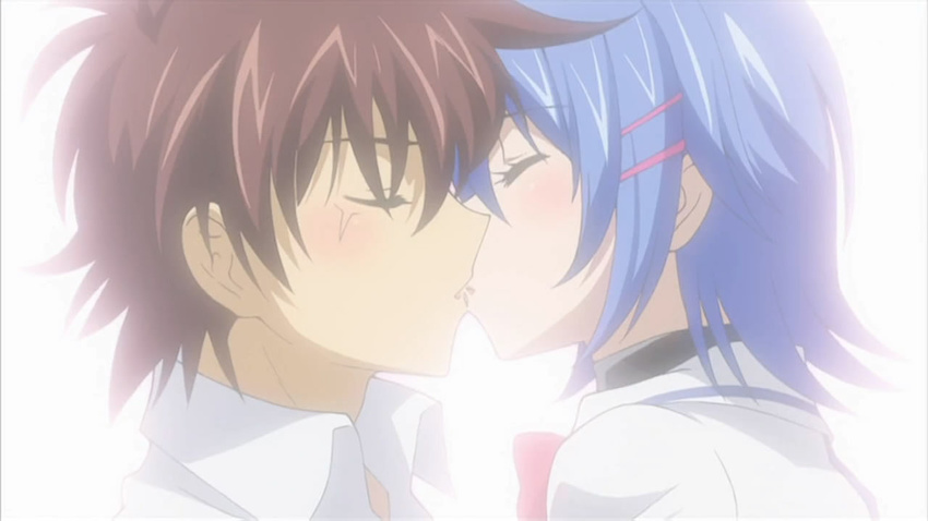 blue_hair blush cap hairclip hattori_junko ichiban_ushiro_no_daimaou kiss