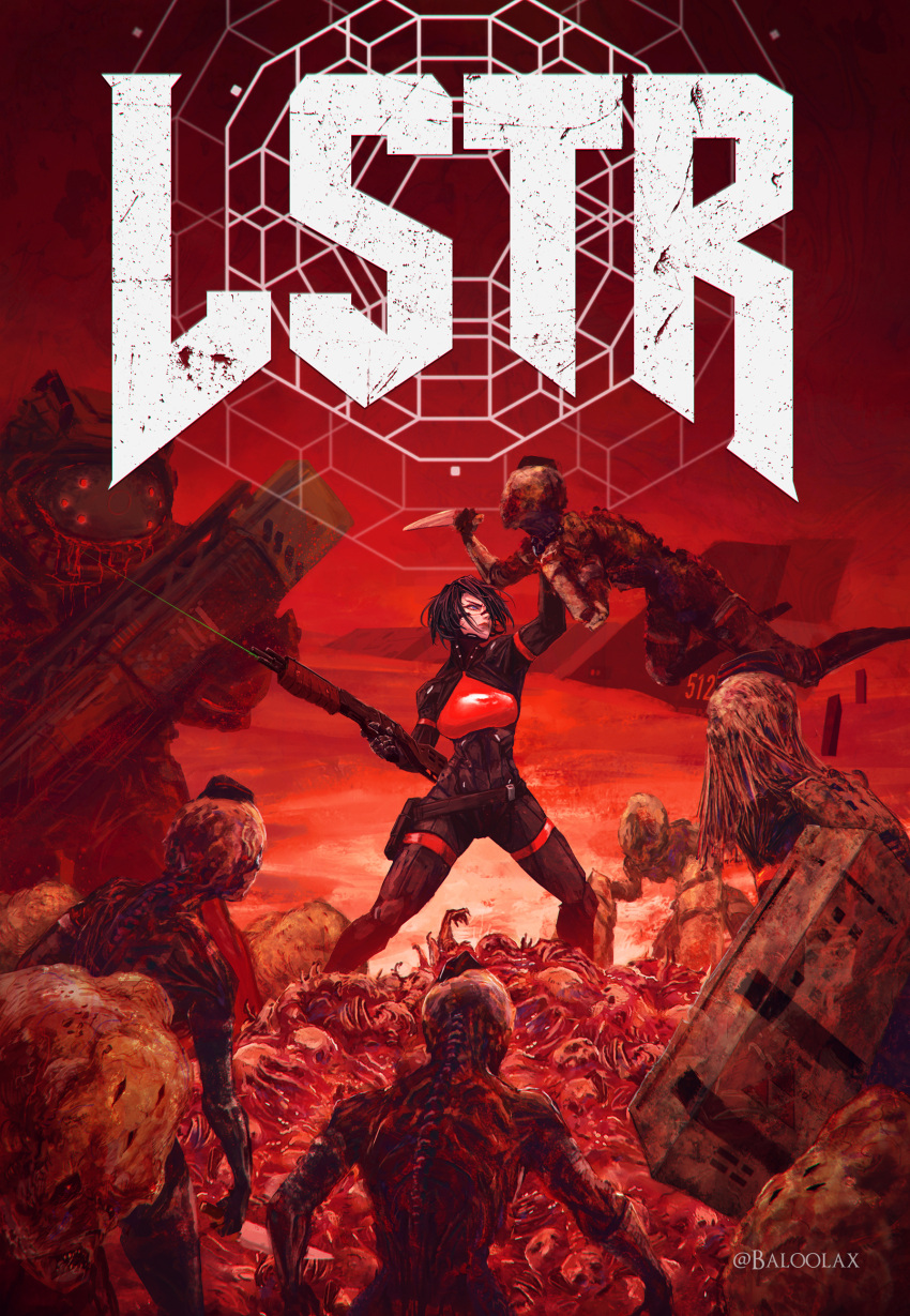 1girl absurdres adler_(signalis) baloolax black_hair blood breasts commentary corrupted_ara_(signalis) corrupted_eule_(signalis) corrupted_mynah_(signalis) doom_(series) doom_cover_parody elster_(signalis) english_commentary finger_on_trigger gun guro hair_over_one_eye highres holding holding_gun holding_knife holding_weapon knife laser_sight medium_breasts one_man_army pale_skin parody pump_action red_theme rip_and_tear_(phrase) short_hair shotgun signalis solo_focus surrounded weapon zombie