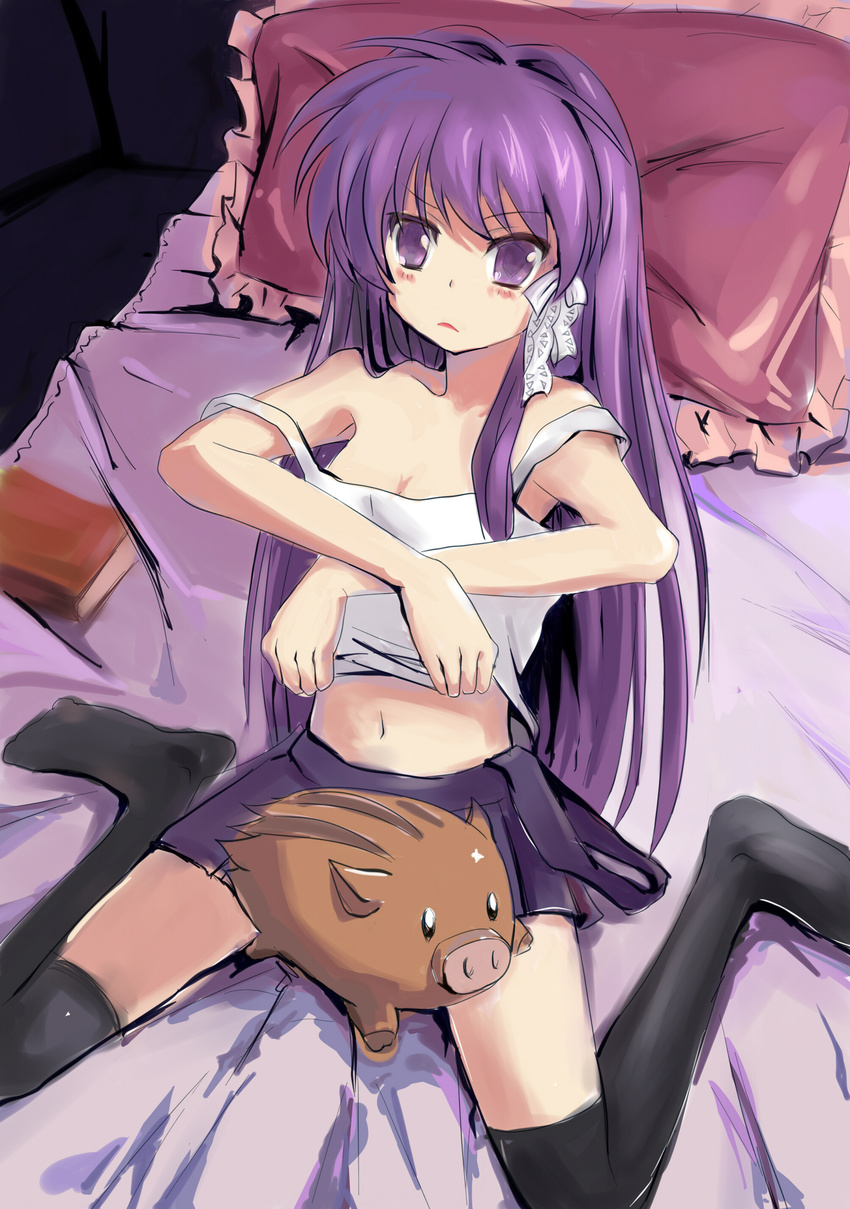 absurdres bad_id bad_pixiv_id bed boar book botan_(clannad) breasts clannad cleavage frilled_pillow frills fujibayashi_kyou hair_ribbon highres long_hair midriff navel niangao pillow purple_eyes purple_hair ribbon sitting skirt small_breasts solo strap_slip thighhighs undressing wariza