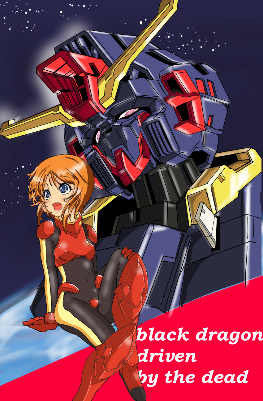1girl absurdres armor black_bodysuit blue_eyes bodysuit boots breastplate breasts covered_nipples english_text gloves gundam gundam_zz head_tilt highres huo_ji_wu invisible_chair mecha open_mouth orange_hair pink_eyes psyco_gundam_mk_ii puru_two red_footwear red_gloves robot sitting small_breasts space