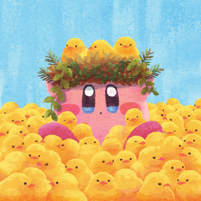 animal animal_on_head bird bird_nest bird_on_head blue_background chick chicken highres kirby kirby_(series) looking_at_viewer miclot nest no_humans on_head sitting too_many too_many_birds