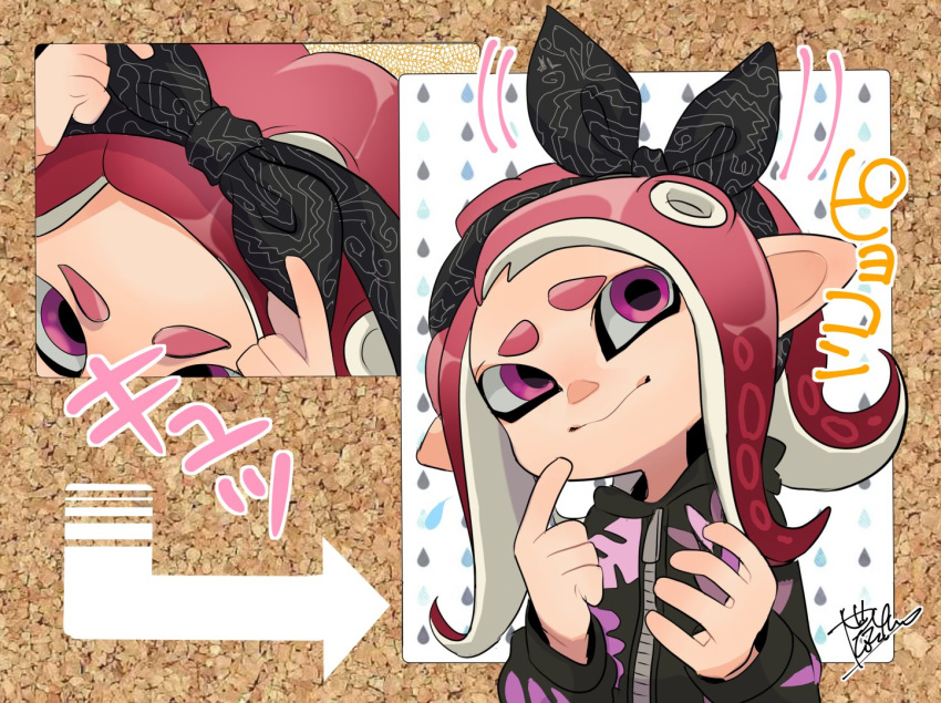 1girl arrow_(symbol) bandana black_bandana closed_mouth hands_up head_tilt index_finger_raised isamu-ki_(yuuki) long_hair long_sleeves motion_lines octarian octoling octoling_girl purple_eyes red_hair splatoon_(series) suction_cups tentacle_hair tying zipper zipper_pull_tab