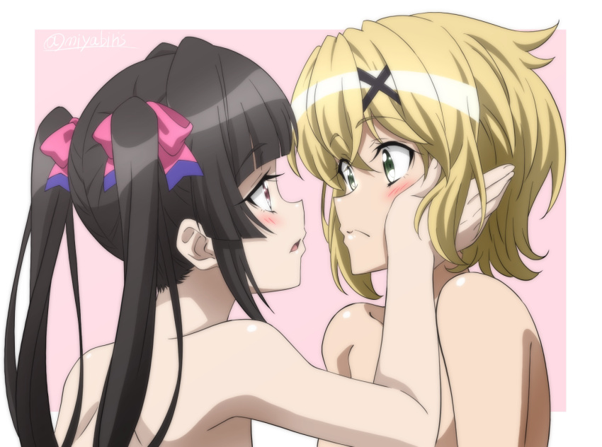 2girls akatsuki_kirika bare_arms bare_shoulders black_hair blonde_hair blush border bow brown_eyes closed_mouth collarbone eye_contact green_eyes hair_bow hair_ornament hand_on_another's_cheek hand_on_another's_face imminent_kiss long_hair looking_at_another miyabi_mt-b multiple_girls nude open_mouth outside_border pink_background red_bow senki_zesshou_symphogear shiny shiny_hair short_hair tsukuyomi_shirabe twintails twitter_username white_border x_hair_ornament yuri