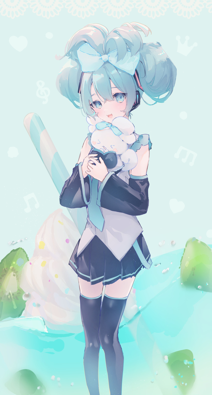 1girl :d absurdres bangs black_skirt black_sleeves black_thighhighs blue_eyes blue_hair blue_necktie cinnamiku cinnamoroll commentary_request crossover detached_sleeves diagonal_stripes drinking_straw feet_out_of_frame grey_shirt hair_between_eyes hatsune_miku highres long_sleeves looking_at_viewer necktie pleated_skirt sanrio shirt skirt smile standing striped suzumori_uina thighhighs vocaloid wide_sleeves