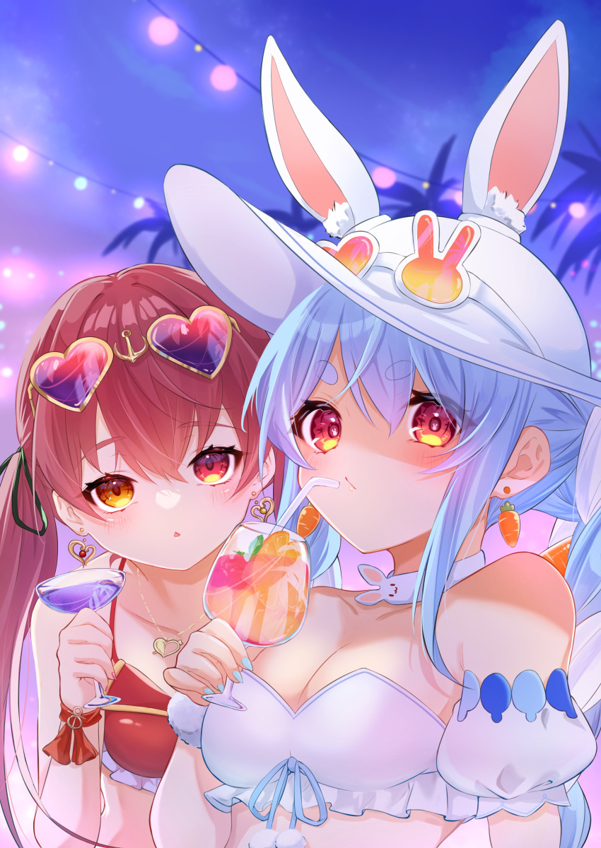 2girls absurdres adapted_costume amaguri_(guri_0330) bikini blue_hair breasts bunny-shaped_eyewear bunny-shaped_pupils choker cleavage detached_sleeves drinking drinking_straw eyewear_on_head eyewear_on_headwear hat heart heart-shaped_eyewear heterochromia highres hololive houshou_marine looking_at_viewer medium_breasts multicolored_hair multiple_girls one_eye_closed puffy_detached_sleeves puffy_short_sleeves puffy_sleeves rabbit-shaped_eyewear red_bikini red_eyes red_hair short_sleeves strapless strapless_bikini sun_hat sunglasses swimsuit symbol-shaped_pupils tropical_drink twintails two-tone_hair upper_body usada_pekora virtual_youtuber white_bikini white_choker white_hair white_headwear yellow_eyes