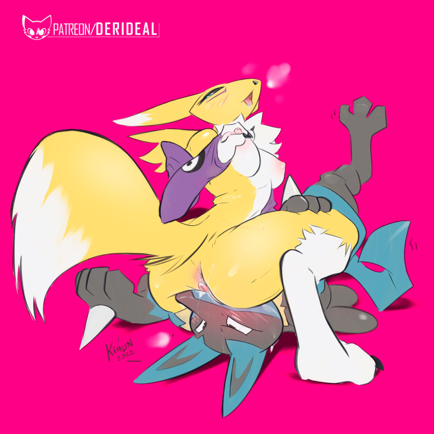 1:1 bandai_namco black_nose blue_body breasts claws claws_out colored derideal digimon digimon_(species) digital_drawing_(artwork) digital_media_(artwork) duo ears_up english_text facesitting female feral fluffy fur generation_4_pokemon genitals hand_on_leg hand_on_thigh hi_res icon kiaun licking lucario male nintendo nipples open_mouth oral pink_background pokemon pokemon_(species) pussy renamon shaded signature simple_background sitting spikes symbol text tongue tongue_out url video_games yellow_body