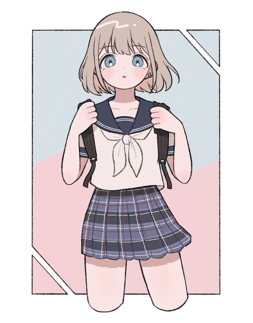1girl :o absurdres backpack bag bangs black_bag blue_eyes blue_sailor_collar blue_skirt bob_cut border checkered_clothes checkered_skirt collarbone commentary cropped_legs dot_nose ear_piercing hands_up highres holding_strap idolmaster idolmaster_shiny_colors light_blush light_brown_hair looking_afar neckerchief open_mouth outside_border parted_lips piercing pleated_skirt sailor_collar serizawa_asahi shirt short_hair short_sleeves simple_background skirt solo sorcery thighs two-tone_background white_border white_neckerchief white_shirt