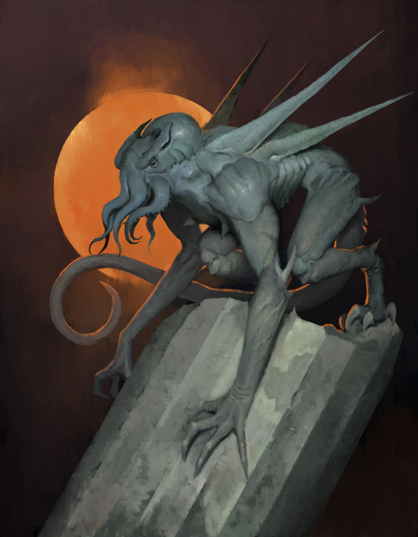 brown_background claws cthulhu_mythos highres monster moon no_humans oleg_bulakh red_moon solo standing tail tentacles wings