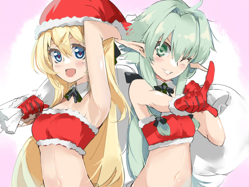 2girls :d alternate_costume arm_up armpits bangs black_ribbon blaze_(artist) blonde_hair blush bra breasts detached_collar fur-trimmed_bra fur-trimmed_gloves fur-trimmed_headwear fur_trim gloves goblin_slayer! green_eyes green_hair grin hair_between_eyes hat high_elf_archer_(goblin_slayer!) highres long_hair looking_at_viewer midriff multiple_girls navel neck_ribbon one_eye_closed priestess_(goblin_slayer!) red_bra red_gloves red_headwear ribbon santa_costume santa_hat shiny shiny_hair sketch small_breasts smile stomach strapless strapless_bra underwear upper_body very_long_hair wing_collar