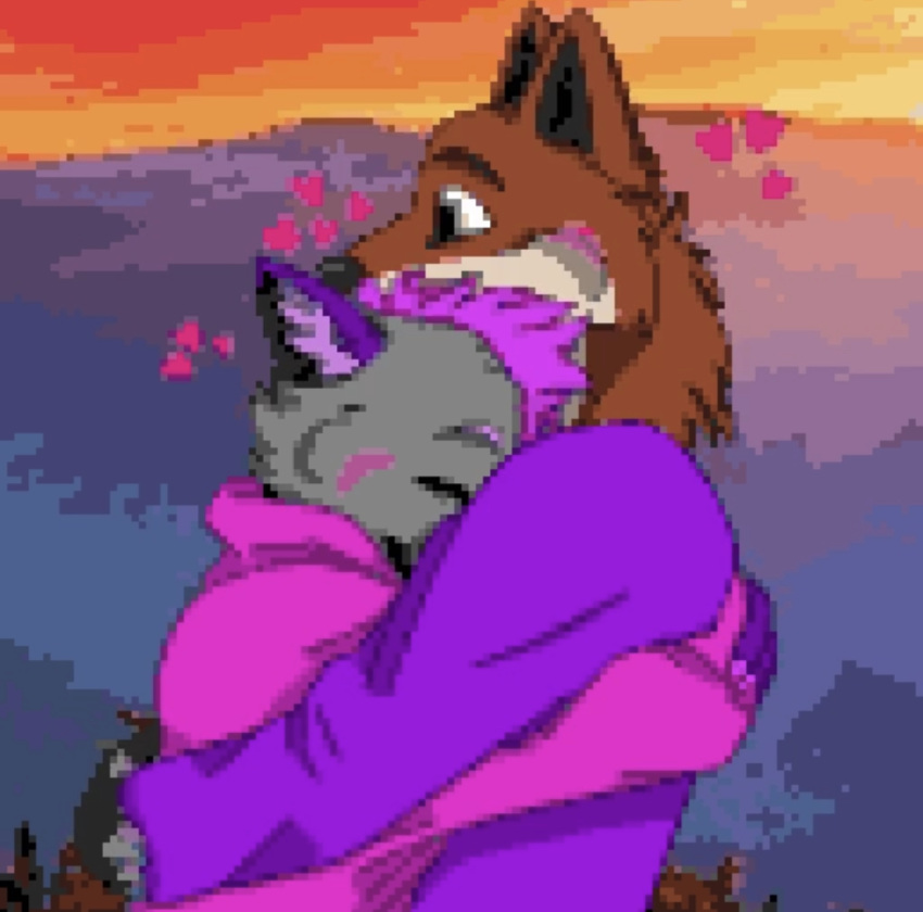 &lt;3 anthro canid canine canis clothing cuddling digital_media_(artwork) duo embrace eyes_closed fennix fluffy fox happy hi_res hoodie hug jackal male male/male mammal pixel_(artwork) pixelated sunset topwear wholesome_hug