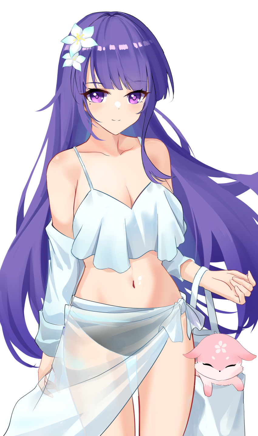 1girl absurdres bag bangs bare_shoulders bikini breasts cleavage collarbone commentary czk detached_sleeves flower fox genshin_impact hair_flower hair_ornament highres long_hair looking_at_viewer mole mole_under_eye navel purple_eyes purple_hair raiden_shogun sarong simple_background smile stomach swimsuit thighs very_long_hair white_background white_bikini white_flower yae_miko yae_miko_(fox)