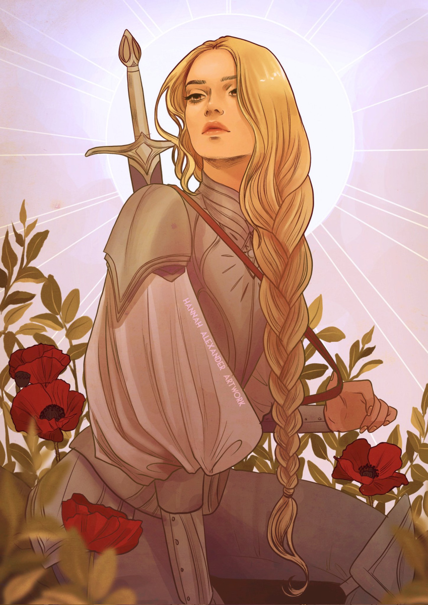1girl artist_name bangs blonde_hair braid closed_mouth flower galadriel grey_background hannahartwork highres long_hair long_sleeves looking_to_the_side pants parted_bangs red_flower shiny shiny_hair shoulder_plates solo sword sword_on_back the_lord_of_the_rings tolkien's_legendarium weapon weapon_on_back