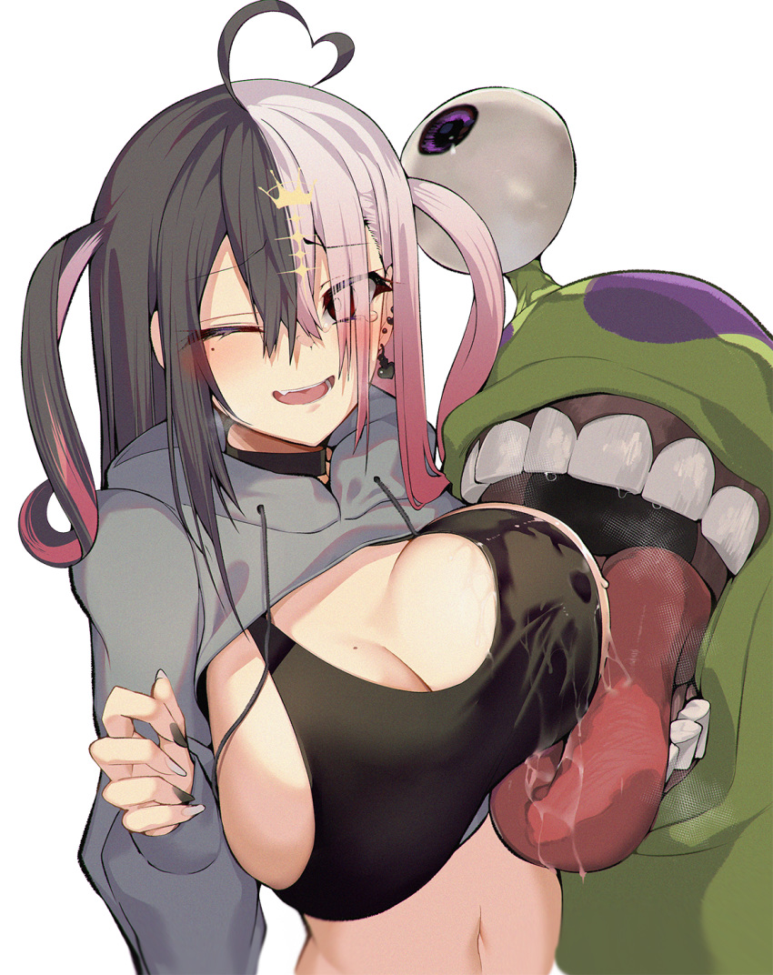 1girl ahoge black_hair breasts digimon digimon_(creature) digimon_world_re:digitize eyes_visible_through_hair happy_tears highres indie_virtual_youtuber large_breasts licking licking_breast licking_nipple long_sleeves multicolored_hair numemon one_eye_closed open_mouth original pink_hair saliva satou_daiji sports_bra tears teeth towa_(towa_akqj10) upper_body upper_teeth virtual_youtuber