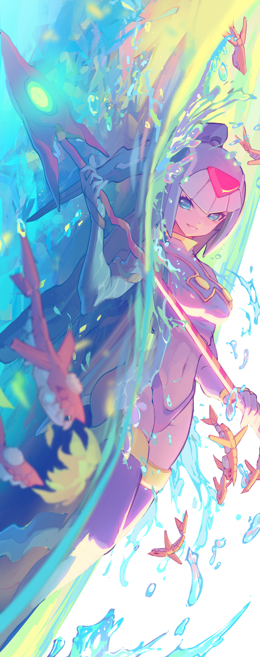 1girl absurdres android blue_eyes blurry boots breasts flower gloves gradient gradient_background helmet highres holding holding_polearm holding_weapon leviathan_(mega_man) looking_at_viewer mega_man_(series) mega_man_zero open_mouth petals polearm robot robot_girl shark smile spear splashing tanziya_(codlxcold) thigh_boots thighhighs water water_drop waterfall watermark weapon white_gloves