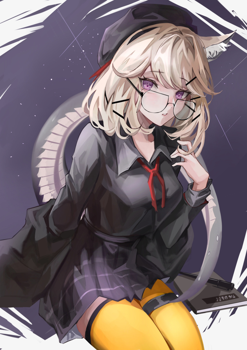1girl absurdres animal_ear_fluff animal_ears anticoco arknights black-framed_eyewear black_headwear black_jacket black_shirt black_skirt blonde_hair book breasts collared_shirt feet_out_of_frame glasses hat highres jacket large_breasts light_particles long_sleeves looking_at_viewer marker miniskirt neck_ribbon official_alternate_costume open_clothes open_jacket parted_lips plaid plaid_skirt purple_eyes red_ribbon ribbon school_uniform shirt short_hair sitting skirt solo sparkle tail thighhighs utage_(arknights) utage_(disguise)_(arknights) yellow_thighhighs