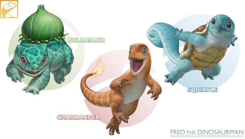 absurdres artist_name bulbasaur charmander closed_mouth colored_sclera fiery_tail fire fredward95 green_sclera highres no_humans open_mouth plant pokemon pokemon_(creature) realistic red_sclera sharp_teeth squirtle tail teeth tongue web_address white_background