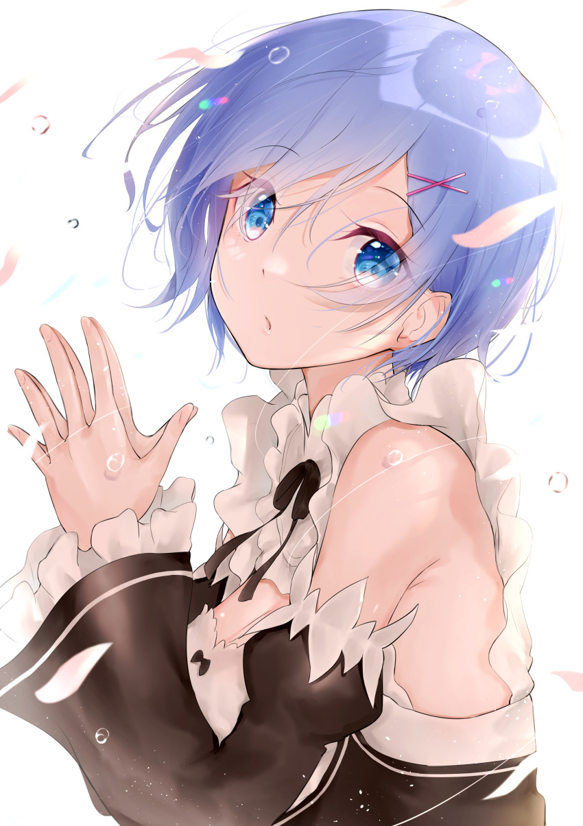 1girl absurdres bangs black_ribbon black_sleeves blue_eyes blue_hair breasts cleavage detached_collar detached_sleeves floating_hair frilled_sleeves frills from_side hair_between_eyes hair_ornament highres long_sleeves looking_at_viewer medium_breasts meen_(ouaughikepdvrsf) neck_ribbon re:zero_kara_hajimeru_isekai_seikatsu rem_(re:zero) ribbon roswaal_mansion_maid_uniform shiny shiny_hair short_hair solo upper_body white_background x_hair_ornament