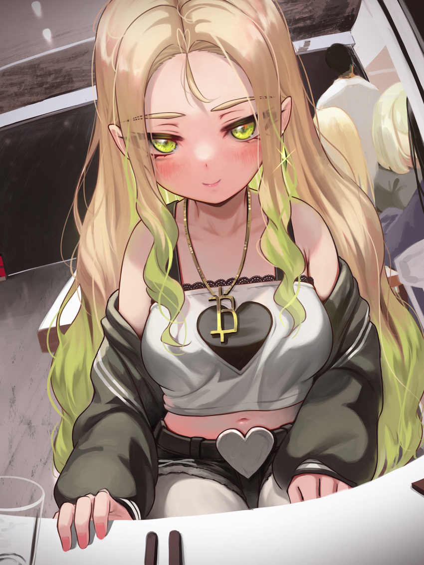 1girl black_jacket blonde_hair blush closed_mouth commentary_request earrings fingernails gradient_hair green_eyes green_hair heart highres iruka_blue_(torriet) jacket jewelry long_hair long_sleeves looking_at_viewer midriff multicolored_hair navel original pendant pink_nails shirt sitting smile solo_focus torriet two-tone_hair white_shirt