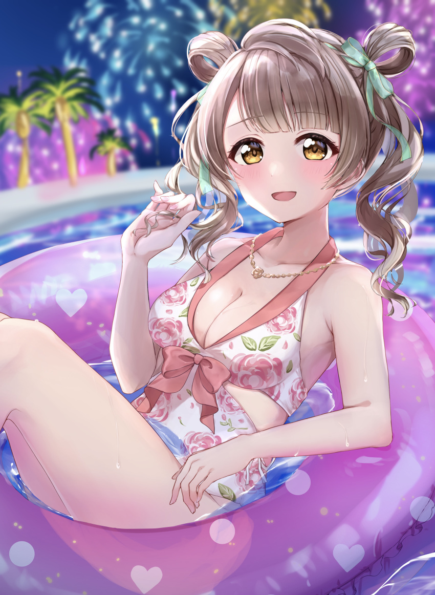 :d absurdres aerial_fireworks bangs bare_arms bare_shoulders blurry blurry_background blush bow breasts brown_hair cleavage clothing_cutout curly_hair feet_out_of_frame fireworks floral_print green_bow green_ribbon hair_bow hand_up heart highres holding holding_hair innertube jewelry long_hair looking_at_viewer love_live! love_live!_school_idol_project medium_breasts minami_kotori necklace one-piece_swimsuit palm_tree pool print_swimsuit ribbon ringlets sidelocks smile swept_bangs swimsuit thighs tree twintails two_side_up water wet white_one-piece_swimsuit yellow_eyes yoshinon_(yoshinon_kotori)