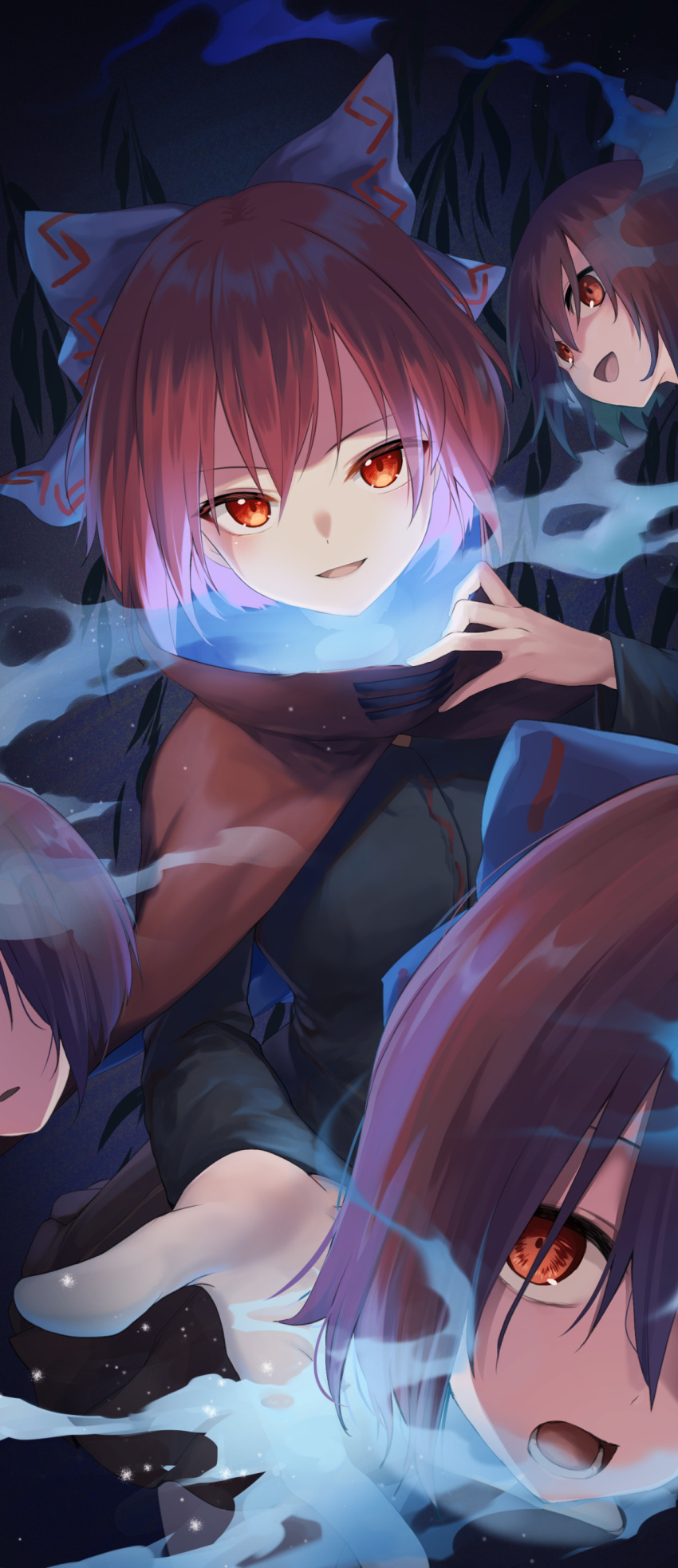 1girl absurdres black_shirt blue_bow blush bow cloak disembodied_head floating_head hair_bow highres long_sleeves looking_at_viewer multiple_heads nnyara open_mouth red_cloak red_eyes red_hair sekibanki shirt short_hair smile solo touhou