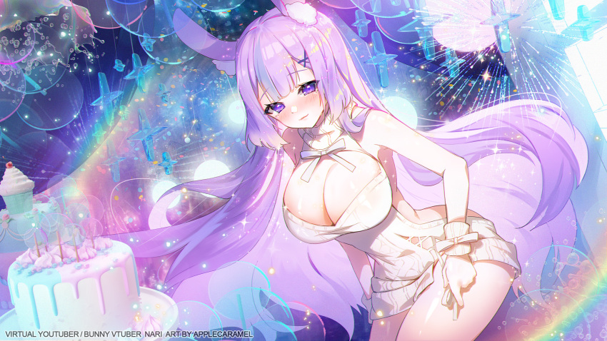1girl :3 absurdres animal_ears apple_caramel artist_name blush breasts character_name cleavage cleavage_cutout closed_mouth clothing_cutout commission highres indie_virtual_youtuber large_breasts long_hair looking_at_viewer meme_attire nari_(bunnarie) purple_eyes purple_hair rabbit_ears rabbit_girl virgin_killer_sweater virtual_youtuber