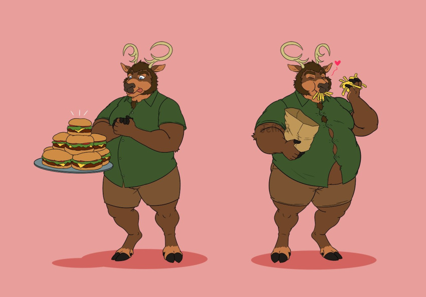 &lt;3 anthro antlers belly bluejeff24 brown_body brown_fur burger cervid cervine cheek_bulge clothed clothing eating eyes_closed food fries fur gehart holding_bag holding_food holding_object hooves horn jeffieb19 licking licking_lips male mammal moobs overweight overweight_anthro overweight_male pink_background red_deer sequence simple_background slightly_chubby smile solo standing straining_buttons tongue tongue_out weight_gain