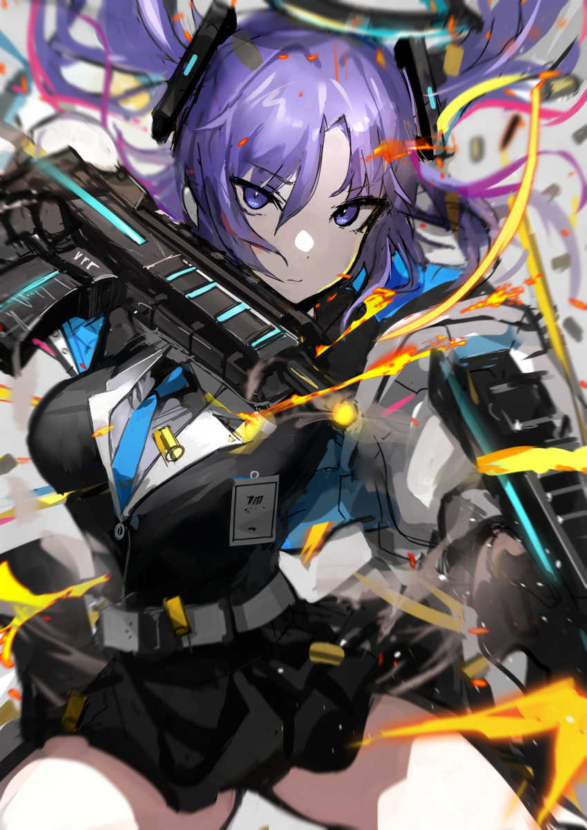 1girl absurdres bangs belt black_gloves black_skirt blue_archive blue_necktie breasts bullet chuhaibane closed_mouth collared_shirt commentary_request cow cowboy_shot dual_wielding expressionless firing gloves gun halo highres holding holding_gun holding_weapon id_card jacket long_sleeves looking_at_viewer medium_breasts medium_hair miniskirt necktie off_shoulder open_clothes open_jacket parted_bangs purple_eyes purple_hair shirt sidelocks sig_sauer_mpx skirt solo submachine_gun weapon white_belt yuuka_(blue_archive)