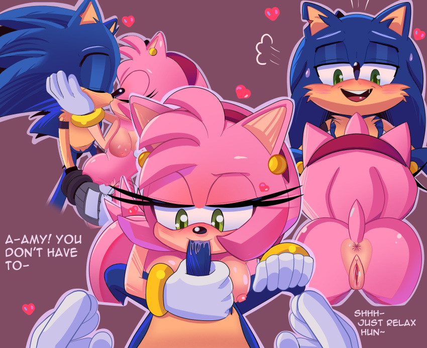 &lt;3 absurd_res amy_rose anthro anus bluebutterz bodily_fluids duo eulipotyphlan fellatio female genital_fluids genitals green_eyes hedgehog hi_res kissing male male/female mammal oral penile pussy pussy_juice romantic sega sex sonic_the_hedgehog sonic_the_hedgehog_(series) sweat text