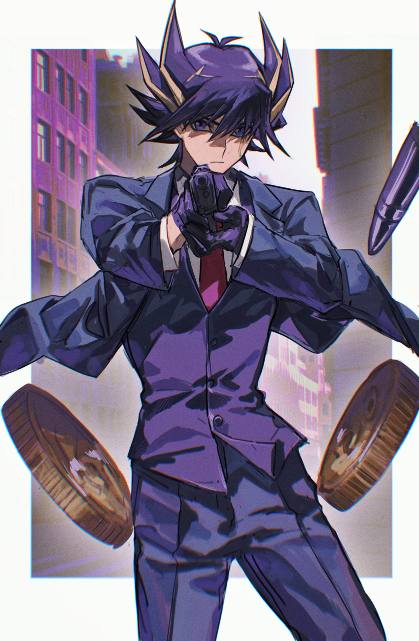 1boy absurdres aiming_at_viewer bangs black_gloves black_hair black_jacket black_pants black_vest blonde_hair blue_eyes building bullet coin commentary cosplay facial_mark fudou_yuusei gloves gun handgun highres holding holding_gun holding_weapon jacket long_sleeves looking_at_viewer male_focus multicolored_hair naoki_(2rzmcaizerails6) necktie open_clothes open_jacket pants red_necktie spiked_hair spy_x_family twilight_(spy_x_family) upper_body vest weapon yu-gi-oh! yu-gi-oh!_5d's