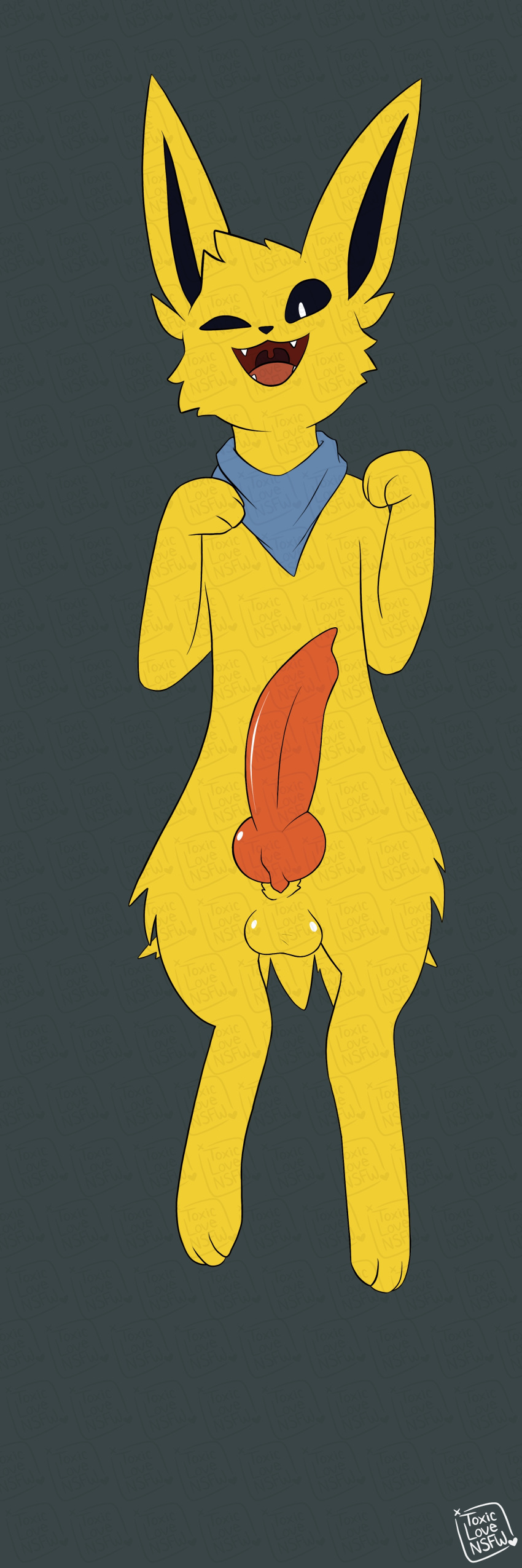 absurd_res balls bandanna black_eyes canid canine canis colored demon_ascended_(artist) digital_drawing_(artwork) digital_media_(artwork) domestic_dog eeveelution erection feral fur generation_1_pokemon genitals hair hi_res jolteon kerchief looking_at_viewer male mammal neck_scarf nintendo open_mouth penis pokemon pokemon_(species) signature simple_background smile solo tongue unfinished video_games yellow_body yellow_fur