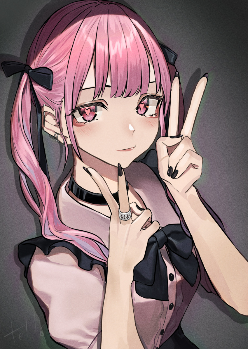 1girl absurdres black_bow black_bowtie black_nails black_skirt blue_hair blush bow bowtie breasts buta5813 buttons choker collared_shirt commentary_request double_v frilled_shirt frills gradient_hair hair_bow hands_up heart heart-shaped_pupils highres hinamizawa_hinami jewelry jirai_kei looking_at_viewer medium_hair multicolored_hair original pink_eyes pink_hair pink_shirt ring shadow shirt skirt small_breasts smile symbol-shaped_pupils twintails upper_body v